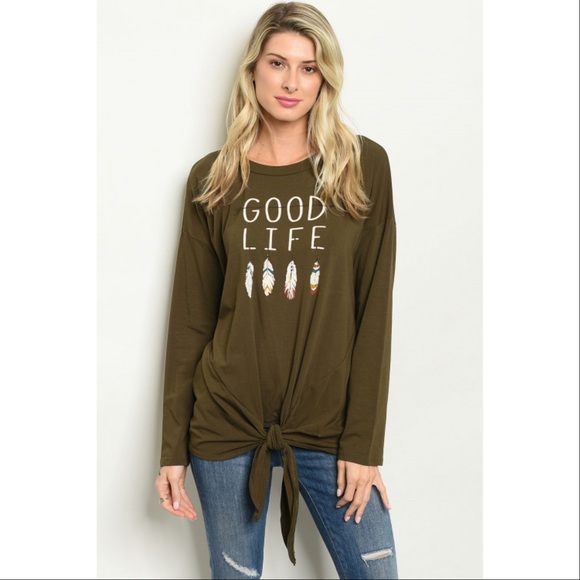 Olive long sleeve feather top - Picture 2 of 3